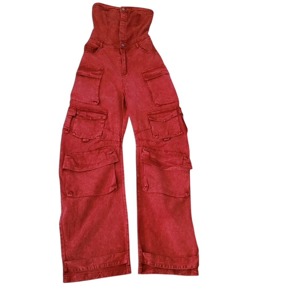 Strapless Washed Red Cargo Jumpsuit Utility Pocket Y2K Streetwear Festival - Picture 8 of 15